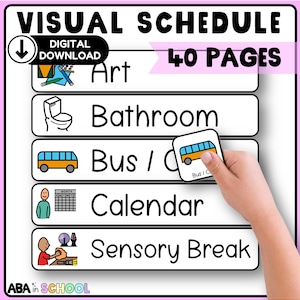 May include: A visual schedule with the text "VISUAL SCHEDULE" and "40 PAGES". The schedule includes sections for Art, Bathroom, Bus/Car, Calendar, and Sensory Break. A hand holds a bus card. The words "DIGITAL DOWNLOAD" are also present.