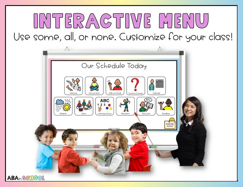 Puede incluir: Una pizarra blanca con el texto "Our Schedule Today" y una cuadr&iacute;cula de iconos coloridos que representan diferentes actividades. Los iconos incluyen un cartel de bienvenida, una persona meditando, una mano saludando, un signo de interrogaci&oacute;n, un calendario, una gota de lluvia, un sol, una persona tocando m&uacute;sica, un libro con las letras ABC y los n&uacute;meros 123, una persona haciendo ejercicio, una persona leyendo un libro, una persona despidi&eacute;ndose y un reloj con el texto "Click ETC to Exit". Hay cuatro ni&ntilde;os de pie frente a la pizarra y una maestra de pie a la derecha de la pizarra.