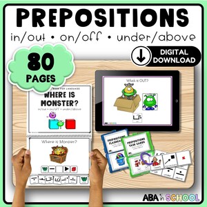 Puede incluir: Una descarga digital para enseñar preposiciones a los niños. El producto incluye 80 páginas de actividades, tarjetas de memoria y tarjetas de tareas. La imagen muestra a un niño interactuando con el producto digital en una tableta. El producto presenta un personaje de monstruo e ilustraciones coloridas.