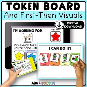 Puede incluir: Descarga digital de un tablero de fichas y visuales de primero y luego. La imagen muestra una tableta con el texto "TOKEN BOARD And First-Then Visuals" y "I'M WORKING FOR..." y "I CAN DO IT!". La imagen también muestra una pequeña tarjeta amarilla con el texto "I CAN DO IT!"