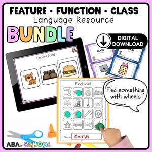 Pode incluir: Um pacote de recursos digitais para ensinar os conceitos de característica, função e classe. O pacote inclui atividades digitais interativas para alunos mais jovens. A imagem mostra a tela de um tablet com um jogo intitulado "Encontre a comida" e outro jogo intitulado "Encontre-me!" com um balão de fala que diz "Encontre algo com rodas".