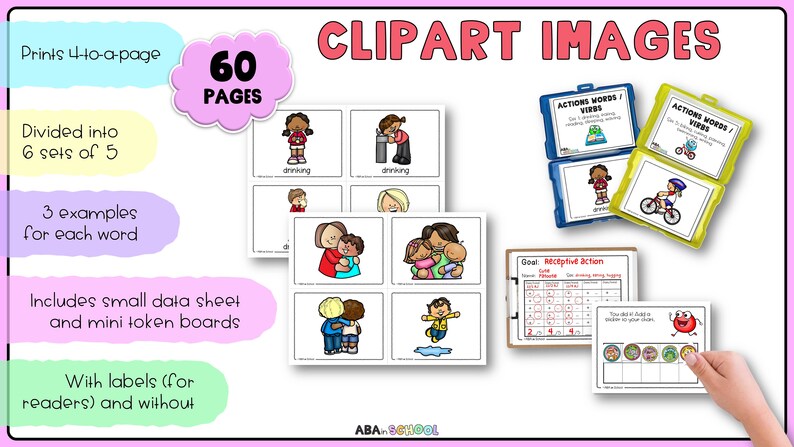 Może przedstawiać: Zestaw 60 drukowanych obrazk&oacute;w clipart do nauki sł&oacute;w czynności i czasownik&oacute;w. Obrazki są podzielone na 6 zestaw&oacute;w po 5, z 3 przykładami dla każdego słowa. Zestaw zawiera małe arkusze danych i mini tablice token&oacute;w, z etykietami dla czytelnik&oacute;w i bez etykiet.