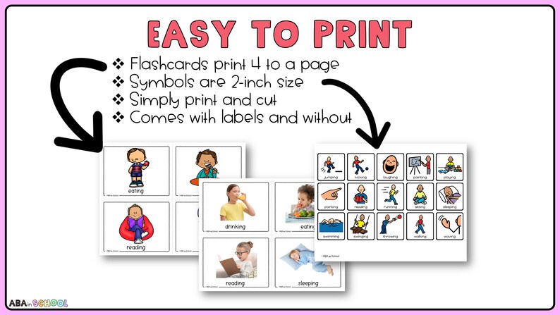 Może przedstawiać: Zestaw drukowanych kart edukacyjnych z czarno-białymi ilustracjami r&oacute;żnych czynności, takich jak jedzenie, czytanie, picie i spanie. Karty edukacyjne są zaprojektowane do drukowania 4 na stronie, a symbole mają 5 cm. Tekst "EASY TO PRINT" jest wyświetlany u g&oacute;ry obrazu.