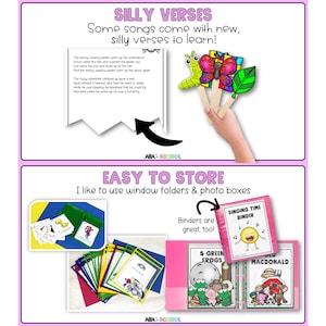 Puede incluir: Una carpeta rosa con el texto "Singing Time Binder" en la parte delantera. La carpeta tiene un bolsillo transparente en la parte delantera que muestra una ilustraci&oacute;n colorida de una cara sonriente con notas musicales. La carpeta est&aacute; abierta para mostrar otras carpetas coloridas con ilustraciones de animales y el texto "5 Green Frogs" y "Old MacDonald".