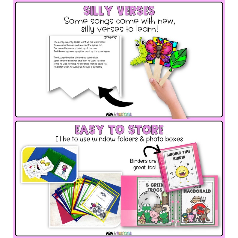 Puede incluir: Una carpeta rosa con el texto "Singing Time Binder" en la parte delantera. La carpeta tiene un bolsillo transparente en la parte delantera que muestra una ilustraci&oacute;n colorida de una cara sonriente con notas musicales. La carpeta est&aacute; abierta para mostrar otras carpetas coloridas con ilustraciones de animales y el texto "5 Green Frogs" y "Old MacDonald".