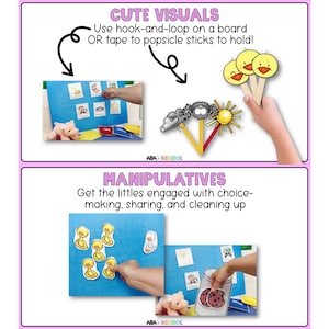 Puede incluir: Dos im&aacute;genes que muestran diferentes formas de usar ayudas visuales para la ense&ntilde;anza. La primera imagen muestra una pizarra azul con varias im&aacute;genes pegadas a ella. La segunda imagen muestra una pizarra azul con recortes de patos amarillos y un frasco con galletas.