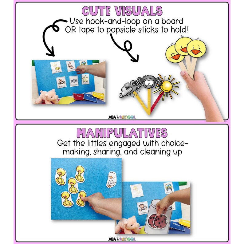Puede incluir: Dos im&aacute;genes que muestran diferentes formas de usar ayudas visuales para la ense&ntilde;anza. La primera imagen muestra una pizarra azul con varias im&aacute;genes pegadas a ella. La segunda imagen muestra una pizarra azul con recortes de patos amarillos y un frasco con galletas.