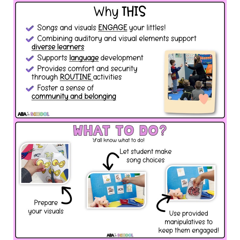 Puede incluir: Un p&oacute;ster ilustrado rosa y blanco con el texto "Why THIS" y "WHAT TO DO?" El p&oacute;ster describe los beneficios de usar canciones y visuales para involucrar a los estudiantes j&oacute;venes. El p&oacute;ster tambi&eacute;n incluye im&aacute;genes de ni&ntilde;os en un aula y un maestro usando manipulativos para ense&ntilde;ar.