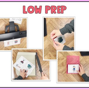 Może przedstawiać: Kolaż czterech obraz&oacute;w przedstawiających kroki związane z przygotowaniem edukacyjnych kart flash. Pierwsze zdjęcie przedstawia laminator z  stosami wydrukowanych kart flash. Drugie zdjęcie przedstawia osobę laminującą stos kart flash. Trzecie zdjęcie przedstawia osobę tnącą stos laminowanych kart flash. Czwarte zdjęcie przedstawia osobę umieszczającą laminowaną kartę flash w czerwonej kopercie.