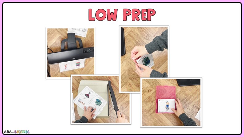 Może przedstawiać: Kolaż czterech obraz&oacute;w przedstawiających kroki związane z przygotowaniem edukacyjnych kart flash. Pierwsze zdjęcie przedstawia laminator z  stosami wydrukowanych kart flash. Drugie zdjęcie przedstawia osobę laminującą stos kart flash. Trzecie zdjęcie przedstawia osobę tnącą stos laminowanych kart flash. Czwarte zdjęcie przedstawia osobę umieszczającą laminowaną kartę flash w czerwonej kopercie.