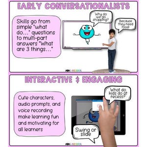 May include: Educational graphic with the text "EARLY CONVERSATIONALISTS" and "INTERACTIVE & ENGAGING". The image includes a cartoon character, a child, a whiteboard, and a tablet. The text bubbles ask questions and provide answers.