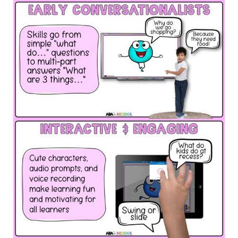 May include: Educational graphic with the text "EARLY CONVERSATIONALISTS" and "INTERACTIVE & ENGAGING". The image includes a cartoon character, a child, a whiteboard, and a tablet. The text bubbles ask questions and provide answers.