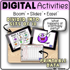 May include: Digital activities for learning, featuring Boom, Slides, and Easel. The image shows tablets with interactive exercises, including a 'Make a Choice' activity and a question about birthday parties. Printable data is also included.