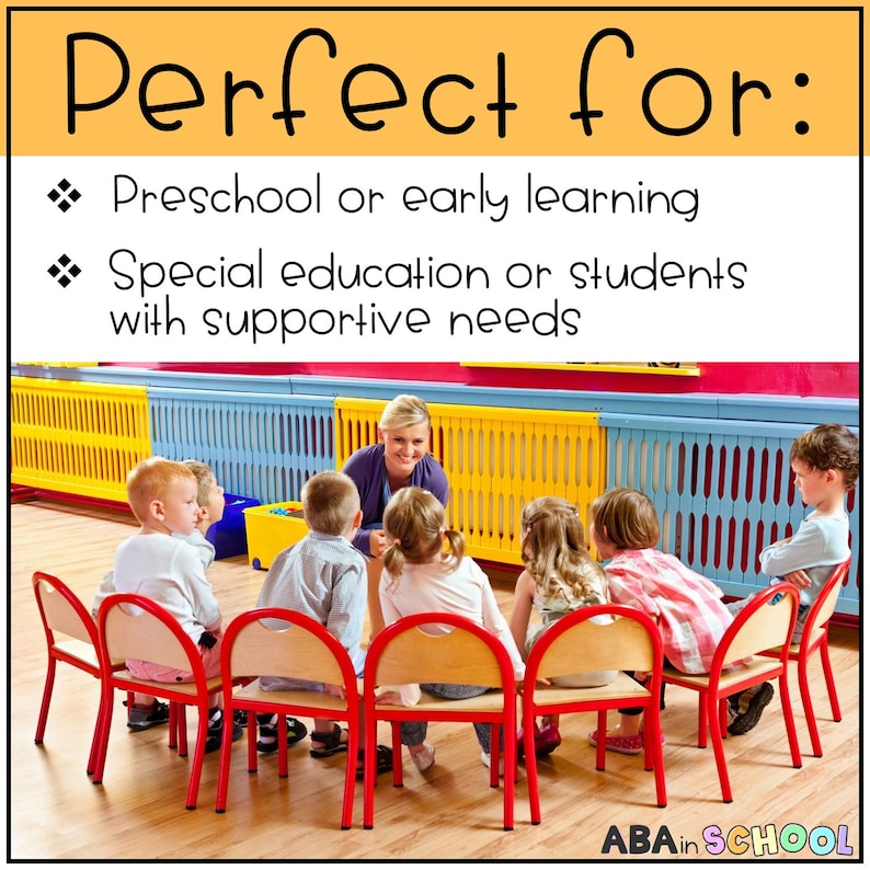 Puede incluir: Un grupo de ni&ntilde;os est&aacute;n sentados en c&iacute;rculo en sillas rojas, con una maestra en el centro del c&iacute;rculo. Los ni&ntilde;os est&aacute;n escuchando a la maestra. La habitaci&oacute;n tiene una pared colorida con paneles amarillos y azules. El texto "Perfect for: Preschool or early learning Special education or students with supportive needs ABA in SCHOOL" es visible en la imagen.