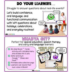 May include: Educational resource with the text "DO YOUR LEARNERS..." and "WHADYA GET?" The image shows a green cartoon character, children, and tablets with interactive activities. Includes printable data collection pages for early language learners.