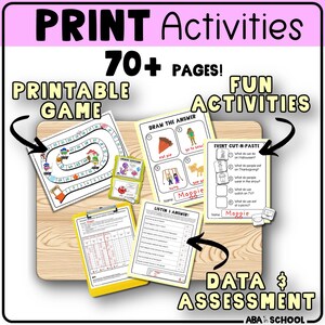 May include: Printable educational activities with the text "PRINT Activities" and "70+ PAGES!". Includes a printable game, drawing activities, cut-and-paste exercises, and data assessment sheets. The activities are designed for use in school.