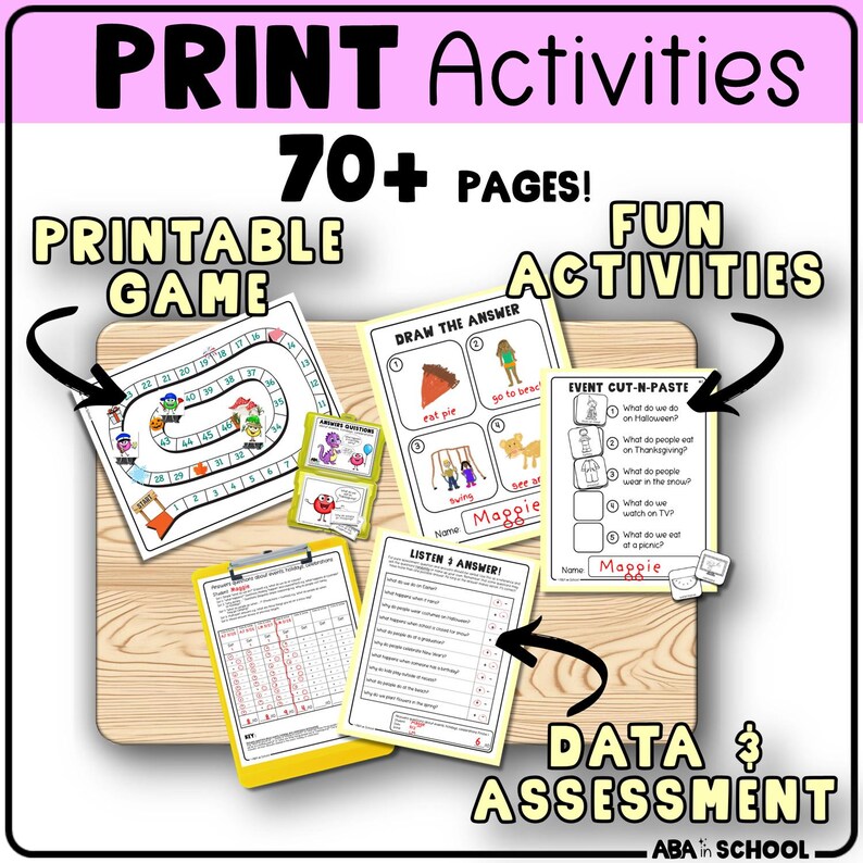 May include: Printable educational activities with the text "PRINT Activities" and "70+ PAGES!". Includes a printable game, drawing activities, cut-and-paste exercises, and data assessment sheets. The activities are designed for use in school.