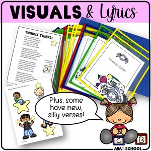 Puede incluir: Un conjunto de ayudas visuales coloridas para ense&ntilde;ar canciones y rimas a los ni&ntilde;os. El conjunto incluye una variedad de tarjetas con im&aacute;genes y letras de canciones como "Twinkle Twinkle Little Star" y "Eeensy Spider". Las tarjetas est&aacute;n dise&ntilde;adas para ser utilizadas con un tablero de bolsillo transparente u otras herramientas de aprendizaje visual. El texto en las tarjetas dice "Visuals & Lyrics", "Twinkle Twinkle", "Eeensy Spider", "Plus, some have new, silly verses!" y "ABA in SCHOOL".