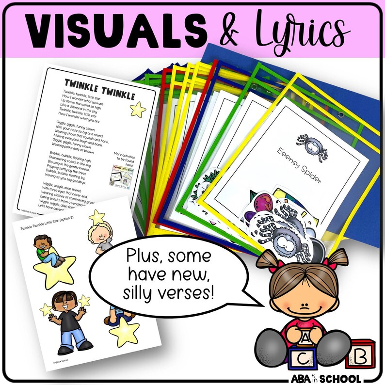 Puede incluir: Un conjunto de ayudas visuales coloridas para ense&ntilde;ar canciones y rimas a los ni&ntilde;os. El conjunto incluye una variedad de tarjetas con im&aacute;genes y letras de canciones como "Twinkle Twinkle Little Star" y "Eeensy Spider". Las tarjetas est&aacute;n dise&ntilde;adas para ser utilizadas con un tablero de bolsillo transparente u otras herramientas de aprendizaje visual. El texto en las tarjetas dice "Visuals & Lyrics", "Twinkle Twinkle", "Eeensy Spider", "Plus, some have new, silly verses!" y "ABA in SCHOOL".