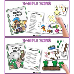 Puede incluir: Dos hojas de actividades imprimibles para ense&ntilde;ar canciones a los ni&ntilde;os. La primera hoja presenta la letra de "Twinkle Twinkle Little Star" con ilustraciones de ni&ntilde;os sosteniendo estrellas. La segunda hoja presenta la letra de "Five Green Frogs" con ilustraciones de ranas sentadas en un tronco.