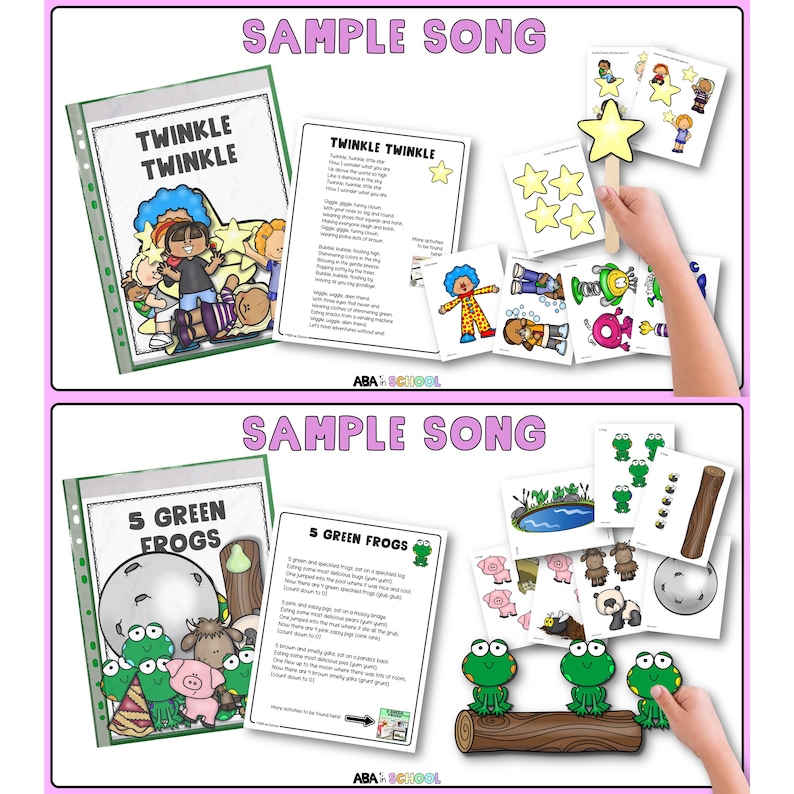 Puede incluir: Dos hojas de actividades imprimibles para ense&ntilde;ar canciones a los ni&ntilde;os. La primera hoja presenta la letra de "Twinkle Twinkle Little Star" con ilustraciones de ni&ntilde;os sosteniendo estrellas. La segunda hoja presenta la letra de "Five Green Frogs" con ilustraciones de ranas sentadas en un tronco.