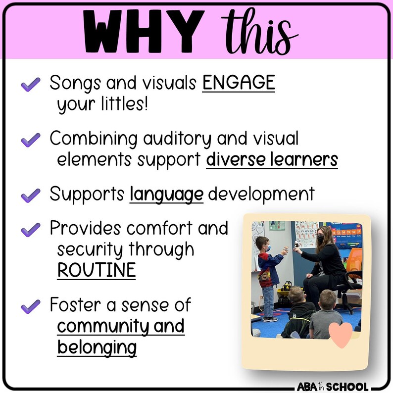Puede incluir: Un gr&aacute;fico rosa y blanco con el texto "WHY this" en negro. El gr&aacute;fico enumera cinco razones por las que las canciones y las im&aacute;genes son importantes para los ni&ntilde;os peque&ntilde;os. Las razones incluyen involucrar a los ni&ntilde;os peque&ntilde;os, apoyar a los alumnos diversos, apoyar el desarrollo del lenguaje, brindar comodidad y seguridad a trav&eacute;s de la rutina y fomentar un sentido de comunidad y pertenencia. El gr&aacute;fico tambi&eacute;n incluye una foto de un maestro y estudiantes en un aula.