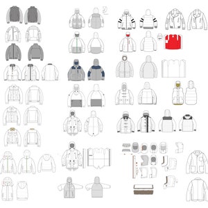 Op de afbeelding: Een verzameling van 40 verschillende jackontwerpen, waaronder pufferjacks, bomberjacks en parkas. De jacks zijn in verschillende kleuren en stijlen weergegeven, waaronder zwart, wit, grijs en blauw.