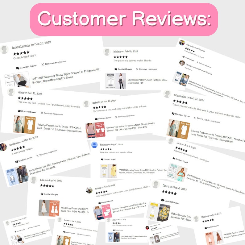 May include: A collage of customer reviews for sewing patterns. The reviews are positive and include star ratings. The patterns are for various garments, including dresses, tops, skirts, and baby clothes. The text in the image includes phrases like "Easy to make", "Great pattern", and "Very nice and easy to follow".