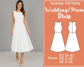 Wedding Dress Digital PDF Sewing Pattern, Wedding Guest Dress, Digital PDF Sewing Pattern, Pack Size 4-20, XS-3XL, Instant Download