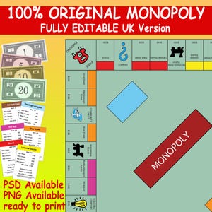 Monopoly 100% original editable template, game night, printable game, custom monopoly, UK version original, digital download
