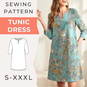 Patrón de costura vestido túnica, S-XXXL, PDF digital fácil, patrón de costura vestido de verano, patrón de vestido de mujer, patrón de vestido de verano, patrón de vestido fácil