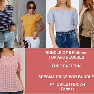 Sewing Top BUNDLE | Square Neck Blouse Sewing PDF Pattern | Off Shoulder Top Pattern | Long Sleeve Blouse Pattern | Women Top PDF | 4 - 22