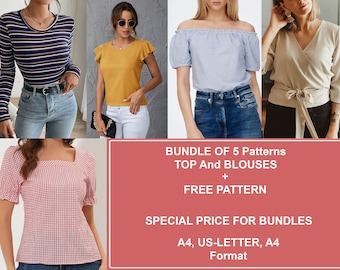 Sewing Top BUNDLE | Square Neck Blouse Sewing PDF Pattern | Off Shoulder Top Pattern | Long Sleeve Blouse Pattern | Women Top PDF | 4 - 22
