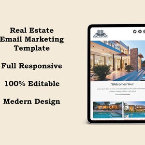 Könnte beinhalten: Ein Tablet-Bildschirm zeigt eine E-Mail-Marketing-Vorlage für Immobilien mit modernem Design. Die Vorlage enthält ein großes Bild eines Luxushauses mit Pool, eine Willkommensnachricht und Social-Media-Icons. Der Text "Real Estate" wird oben auf der Vorlage angezeigt.