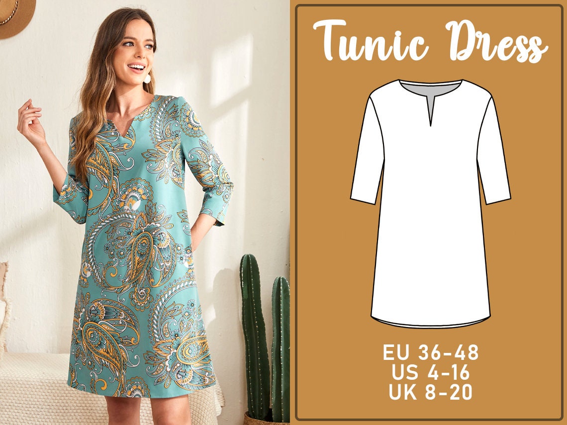 Sewing Pattern Tunic Dress XS-XXXL Notched V Neck Sleeved Dress Easy  Digital PDF T Shirt Tunic Dress Pdf Summer Dress Pattern 