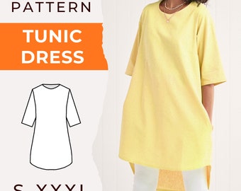 May include: Sewing pattern for a tunic dress in sizes S-XXXL. The pattern includes a line drawing of the dress with a round neckline and 3/4 sleeves.