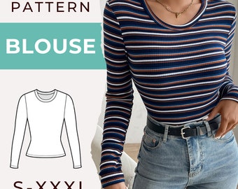 Blouse Sewing Pattern, Women Blouse, Long Sleeve Tee Pattern, Women Sewing Pattern, Loungewear Pattern | S-XXXL | PDF Instant Download