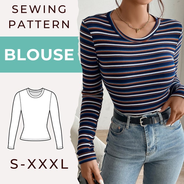 Blouse Sewing Pattern, Women Blouse, Long Sleeve Tee Pattern, Women Sewing Pattern, Loungewear Pattern | S-XXXL | PDF Instant Download