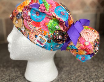 Donut Surgical Ponytail Scrub Cap Hat womens adjustable food sweet colorful long hair bun cover euro style unisex mens surgery surgeon tech