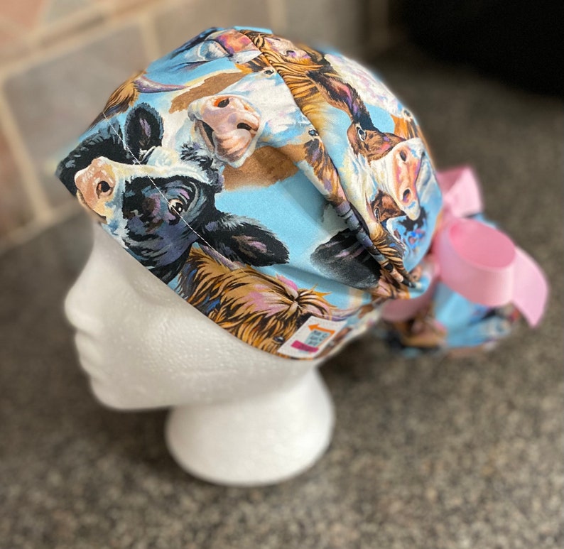 Cow Surgical Ponytail Scrub Cap Hat Holstein Charlet Highland Hereford Cattle mens womens unisex adjustable long hair bun cover surgery euro style