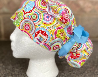 Funky Surgical Ponytail Scrub Cap Hat womens adjustable long hair bun cover colorful floral unisex green surgery nurse mens retro euro style