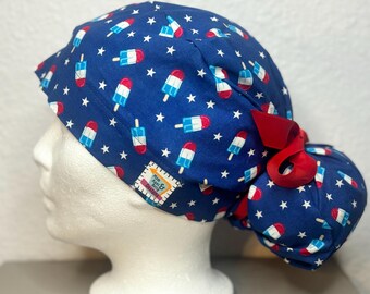 4th of July Surgical Ponytail Scrub Cap Hat Womens adjustable vintage unisex surgery long hair mens euro style America USA Patriotic maga