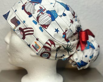 4th of July Surgical Ponytail Scrub Cap Hat Womens adjustable vintage unisex surgery long hair mens euro style America USA Patriotic gnome