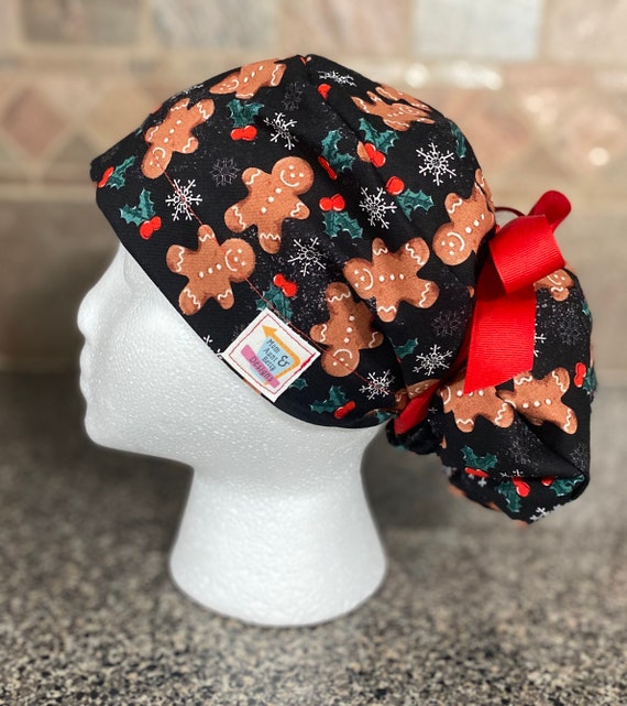Christmas Gingerbread Man Surgical Ponytail Scrub Cap Hat unisex adjustable womens mens long hair bun cover snow santa bake euro style