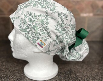 Green Toile Ponytail Surgical Scrub Cap Hat womens mens unisex adjustable floral classic surgery long hair bun cover euro style gift vintage