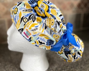 Blue Gold Surgical Ponytail scrub cap hat long hair bun cover mens womens unisex adjustable fall spring flowers surgery surgeon euro style