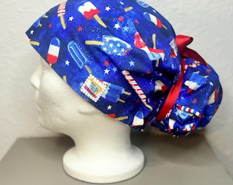 4th of July Surgical Ponytail Scrub Cap Hat Womens adjustable vintage cute unisex surgery long hair mens euro style America USA Patriotic
