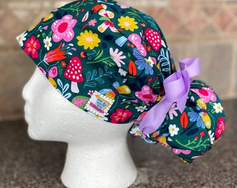 Mushroom Surgical Ponytail Scrub Cap Hat womens adjustable long hair bun cover mens unisex outdoor camping surgeon euro style vintage gift
