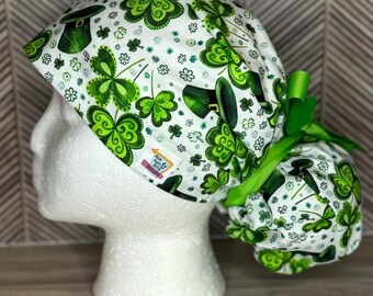 St. Patricks' Day Adjustable Surgical Ponytail Long Hair Scrub Cap Hat mens womens unisex adjustable euro Shamrock 4 leaf Clover Green Lucky