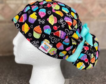 Cupcake Surgical Ponytail Scrub Cap Hat adjustable womens mens unisex surgery surgeon long hair bun cover Classic euro style coquette gift